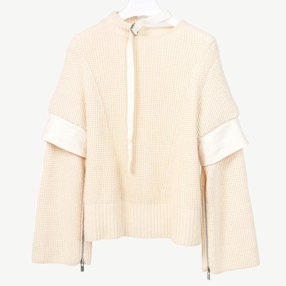 Sacai AW/16 Cream Wool Waffle-Knit Tie-Neck Sweater